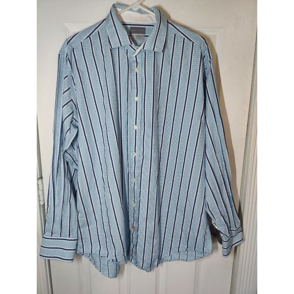 Thomas Dean Vertical Striped & Checkered Blue Button-Down Cotton Shirt XXL